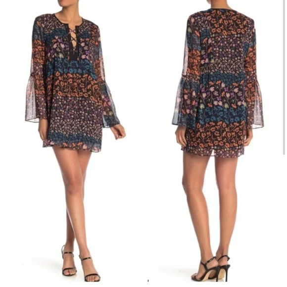 NWT BCBG Lace Up Front Floral with Metallic Threads Print Dress XS - Picture 1 of 12